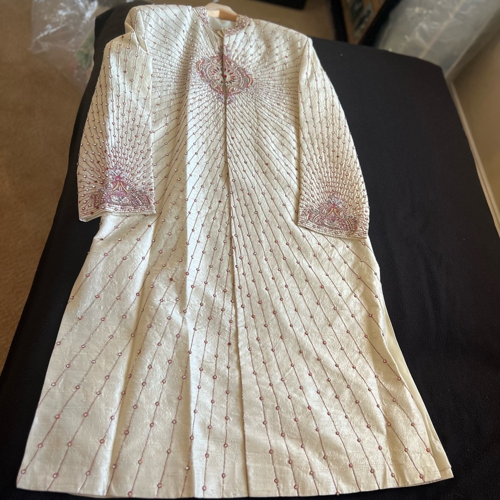 Cream and Red embroidered sherwani